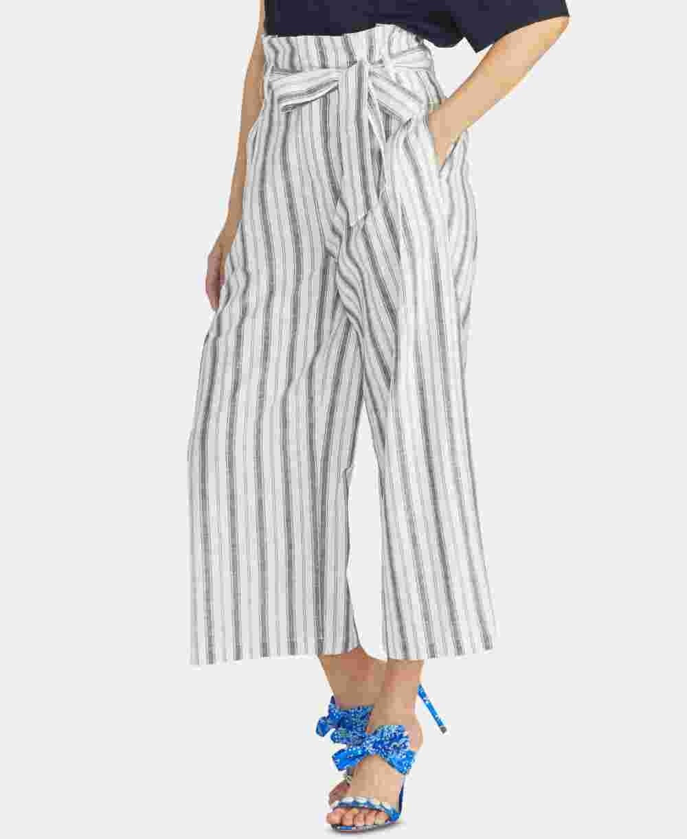 Rachel Roy Women's Belted Pinstripe Pants White Size 14