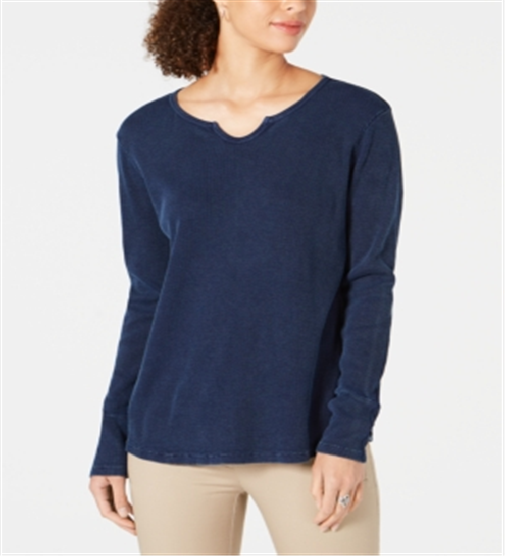 Style & Co Women's Split Neck Cotton Thermal Top Blue Size X-Small