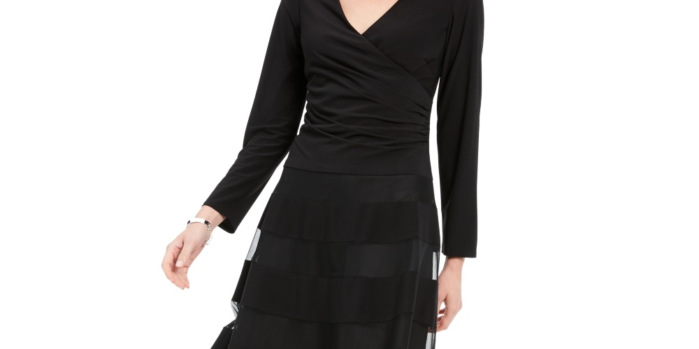 R&M Richards Women's Long Sleeve V Neck Knee Length Fit Flare Dress Black Size 8 Petite