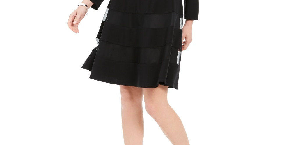 R&M Richards Women's Long Sleeve V Neck Knee Length Fit Flare Dress Black Size 8 Petite