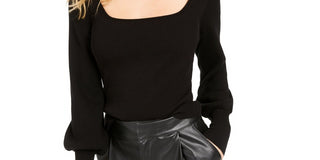 Bar III Women's Long Sleeve Square Neck Sweater Black Size Medium