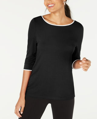 Alfani Women's Piped 3/4 Sleeve T-Shirt Black Size Small