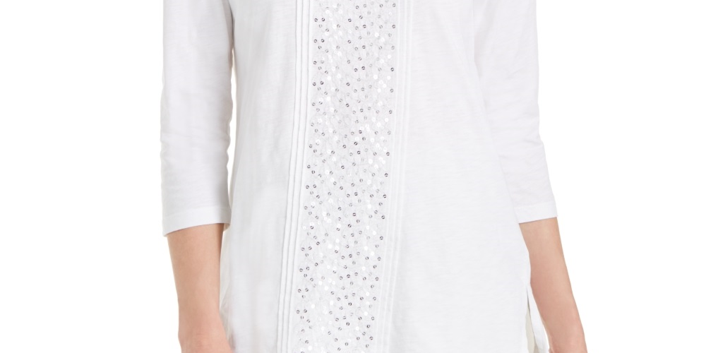 JM Collection Women's Sequined Scoop Neck Top  White Size Small