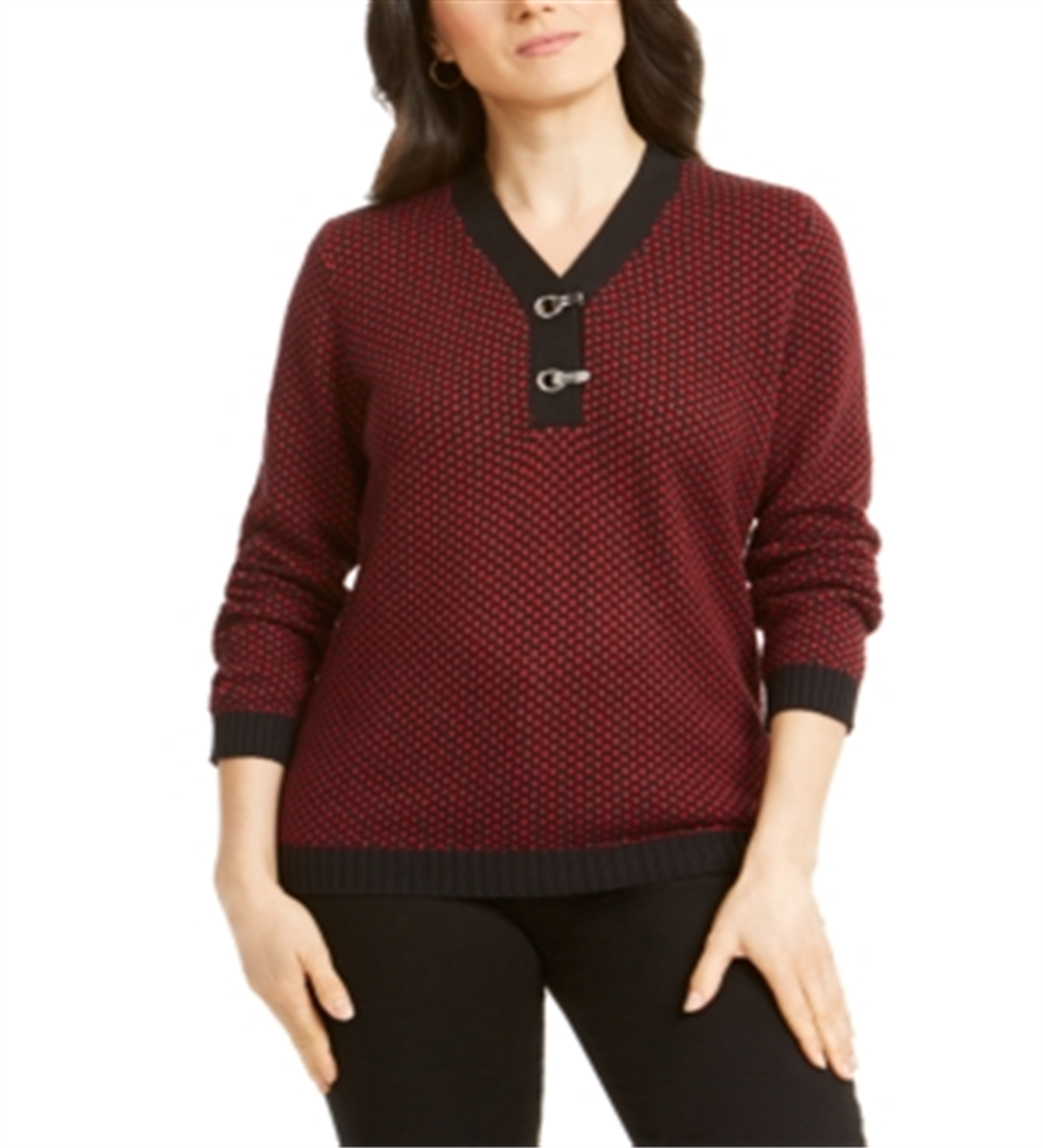 Karen Scott Women's Cotton Two Tone Henley Sweater Red Size Petite S