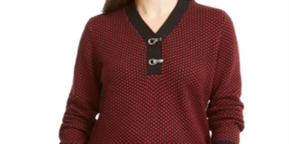 Karen Scott Women's Cotton Two Tone Henley Sweater Red Size Petite S