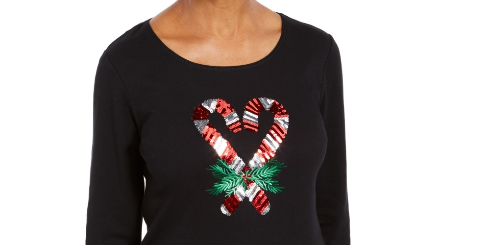 Karen Scott Women's Sequin Candy Cane Shirt Black Size X-Large