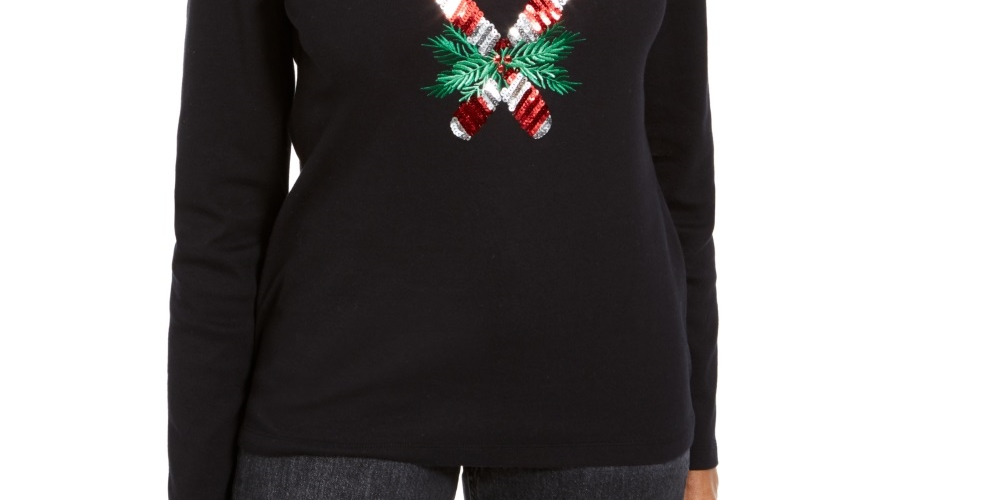 Karen Scott Women's Sequin Candy Cane Shirt Black Size X-Large