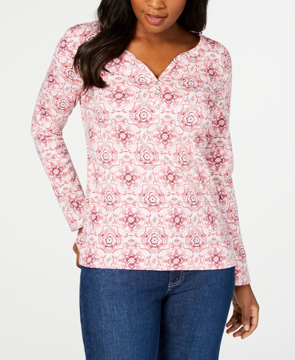 Karen Scott Women's 3/4 Sleeve Printed Henley Pink Size Large
