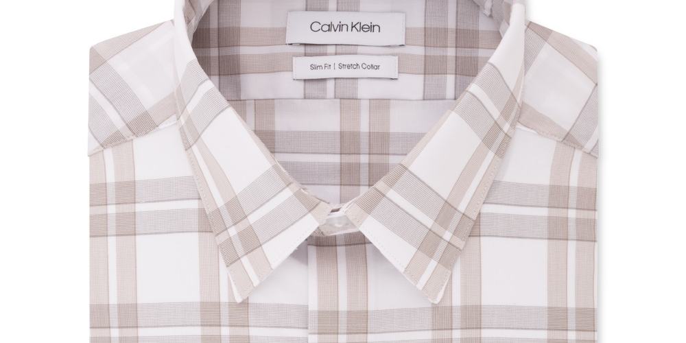Calvin Klein Men's Logo Slim Fit Stretch Collar Dress Shirt Beige Size 14.5X32X33