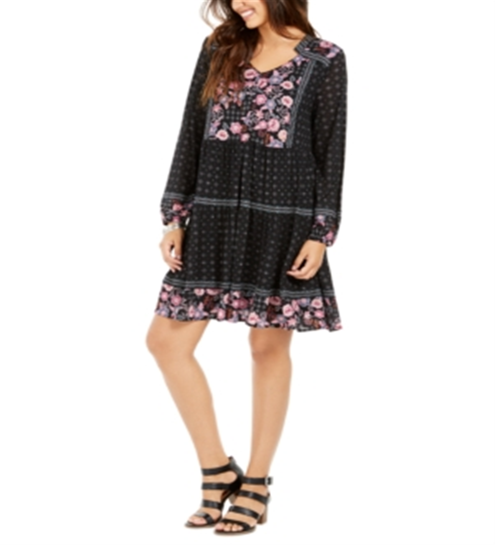 Style & Co Women's Printed Mesh Peasant Dress Black Size Petite L