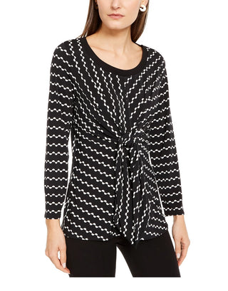 Alfani Women's Printed Knit Tie Front Top Black Size Medium