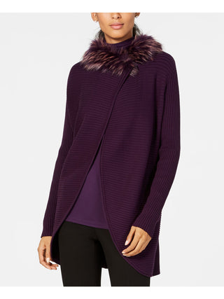 Alfani Women's Faux Fur Trim Convertible Cardigan Purple Size Petite S/M