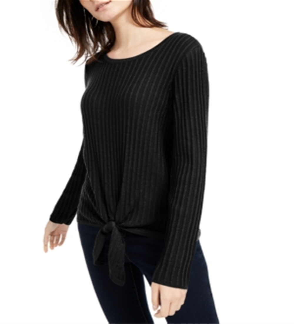 INC International Concepts Women's Ribbed Knit Tie Hem Sweater Black Size Petite X-Large