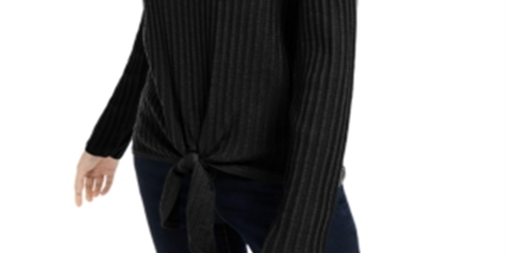 INC International Concepts Women's Ribbed Knit Tie Hem Sweater Black Size Petite X-Large
