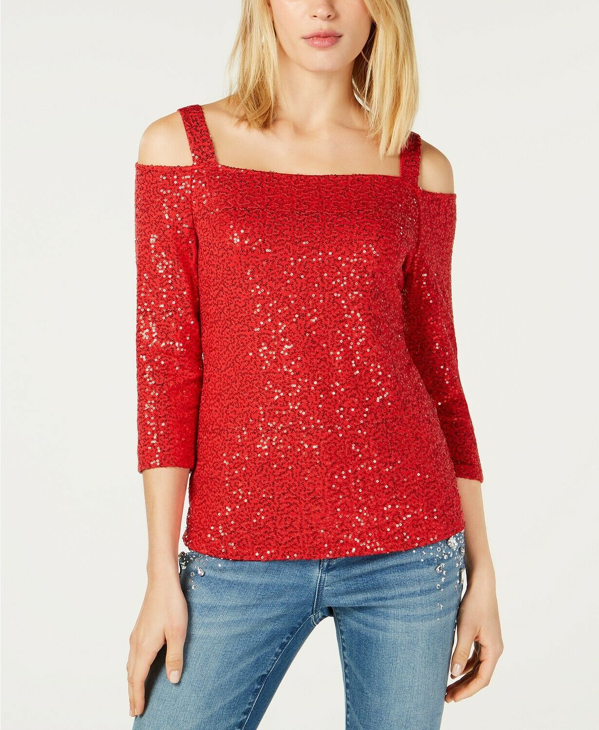 INC International Concepts Women's Sequin Cold-Shoulder Top Red Size Petite S