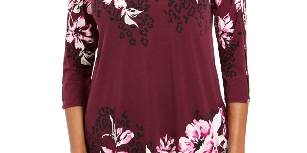 JM Collection Women's Floral Print Embellished Top  Purple Size X-Small