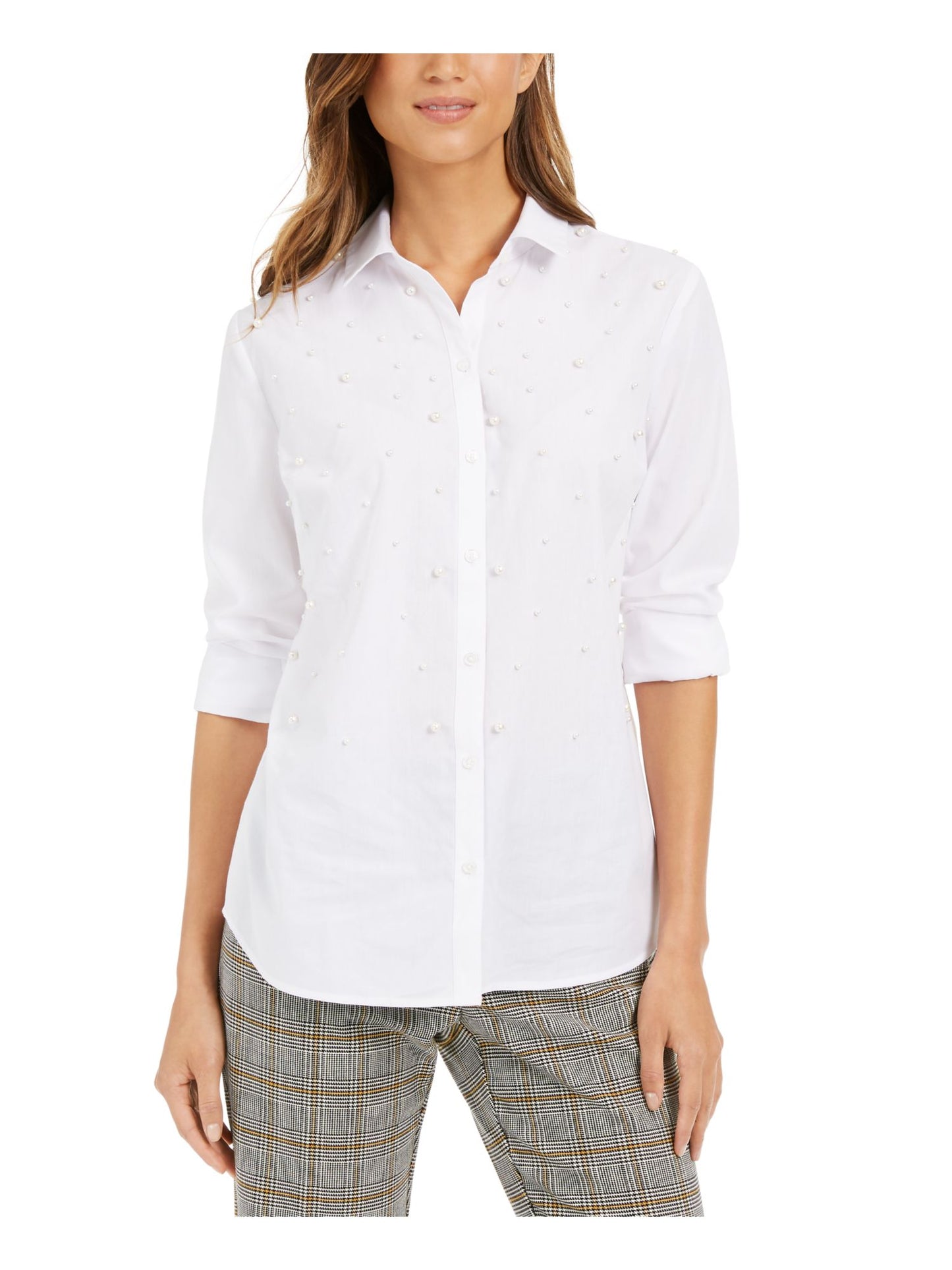 Charter Club Women's Solid Cuffed Collared Button up Wear to Work Top White Size Petite Small