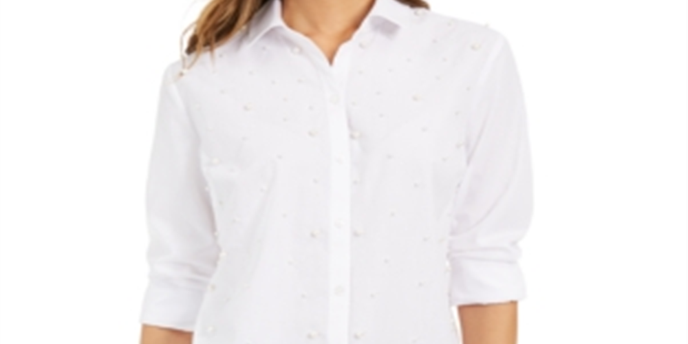 Charter Club Women's Solid Cuffed Collared Button up Wear to Work Top White Size Petite Small