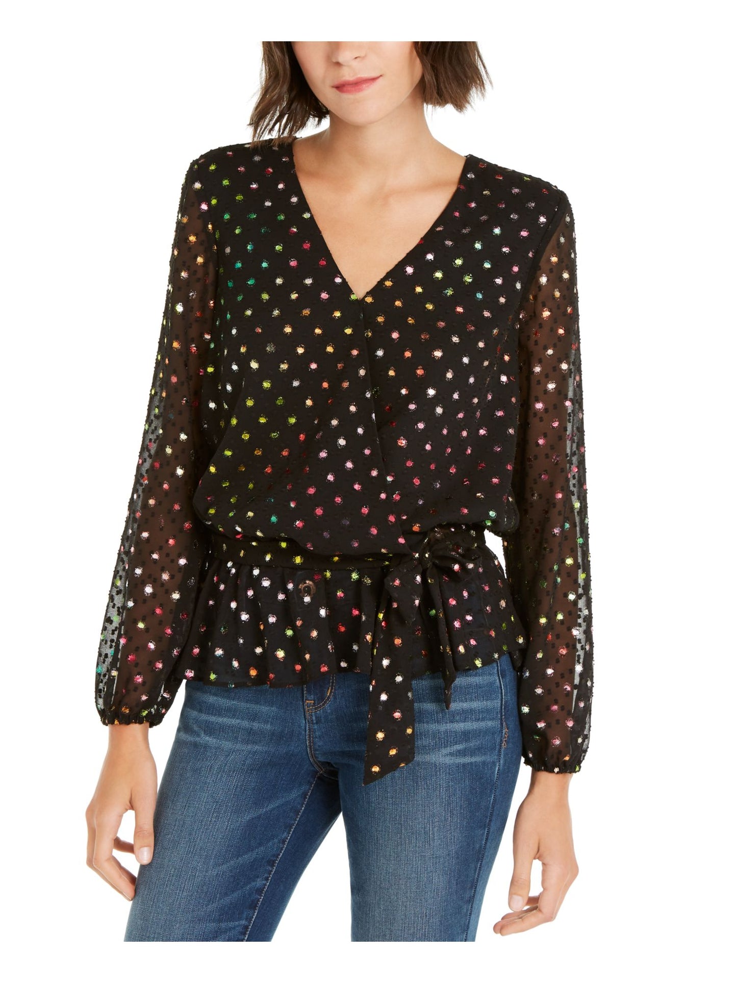 INC International Concepts Women's Rainbow Shine Dot Print Wrap Top Black- Rainbow Size Petite L