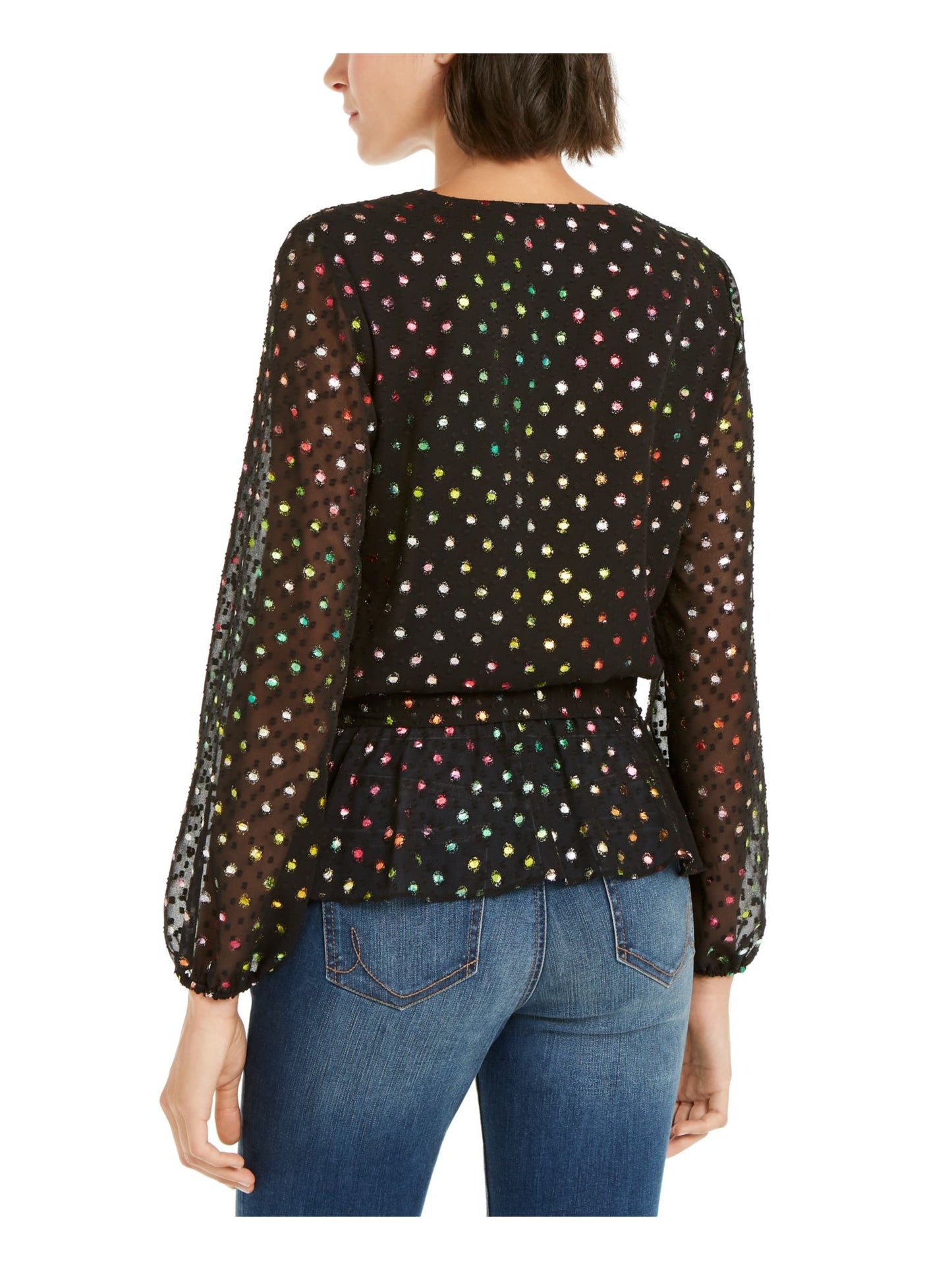 INC International Concepts Women's Rainbow Shine Dot Print Wrap Top Black- Rainbow Size Petite L