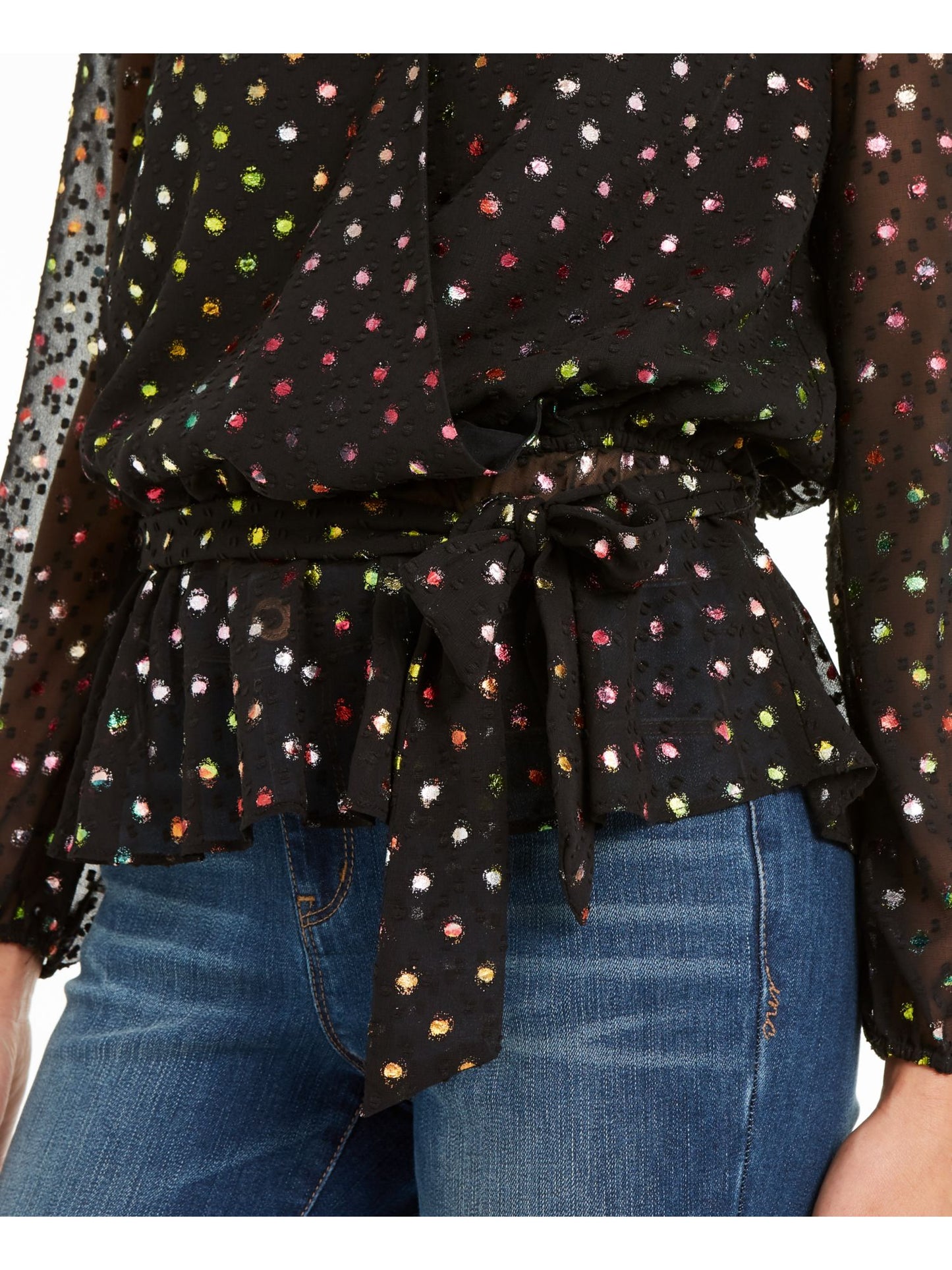 INC International Concepts Women's Rainbow Shine Dot Print Wrap Top Black- Rainbow Size Petite L