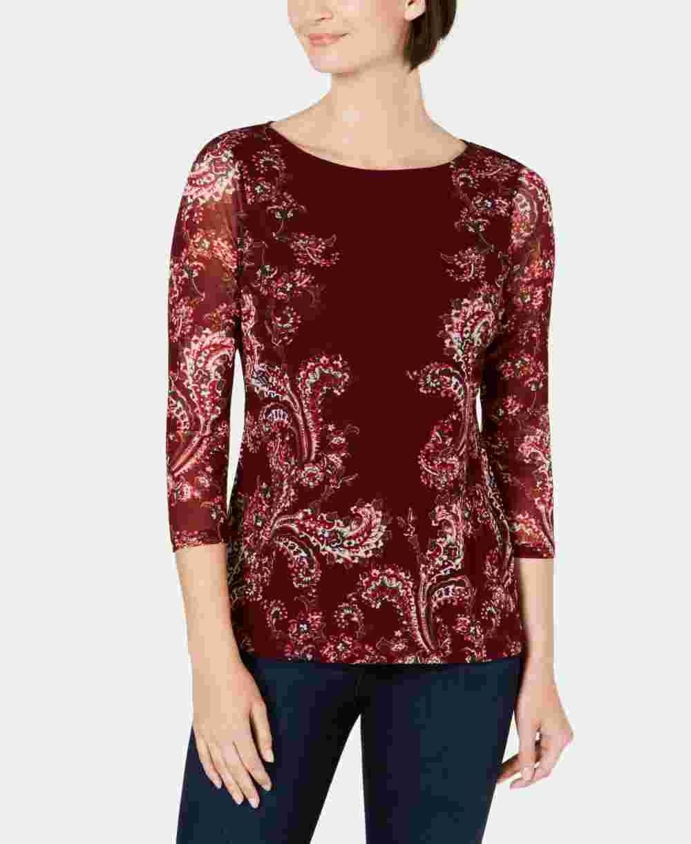 Charter Club Women's Floral Print Mesh Top Red Size Petite Small
