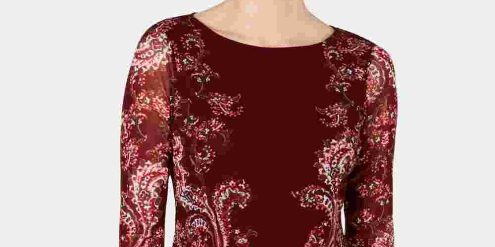 Charter Club Women's Floral Print Mesh Top Red Size Petite Small