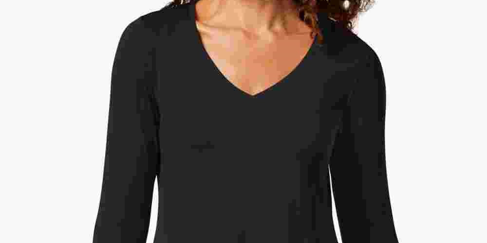 JM Collection Women's V Neck Handkerchief Hem Top  Black Size X-Small