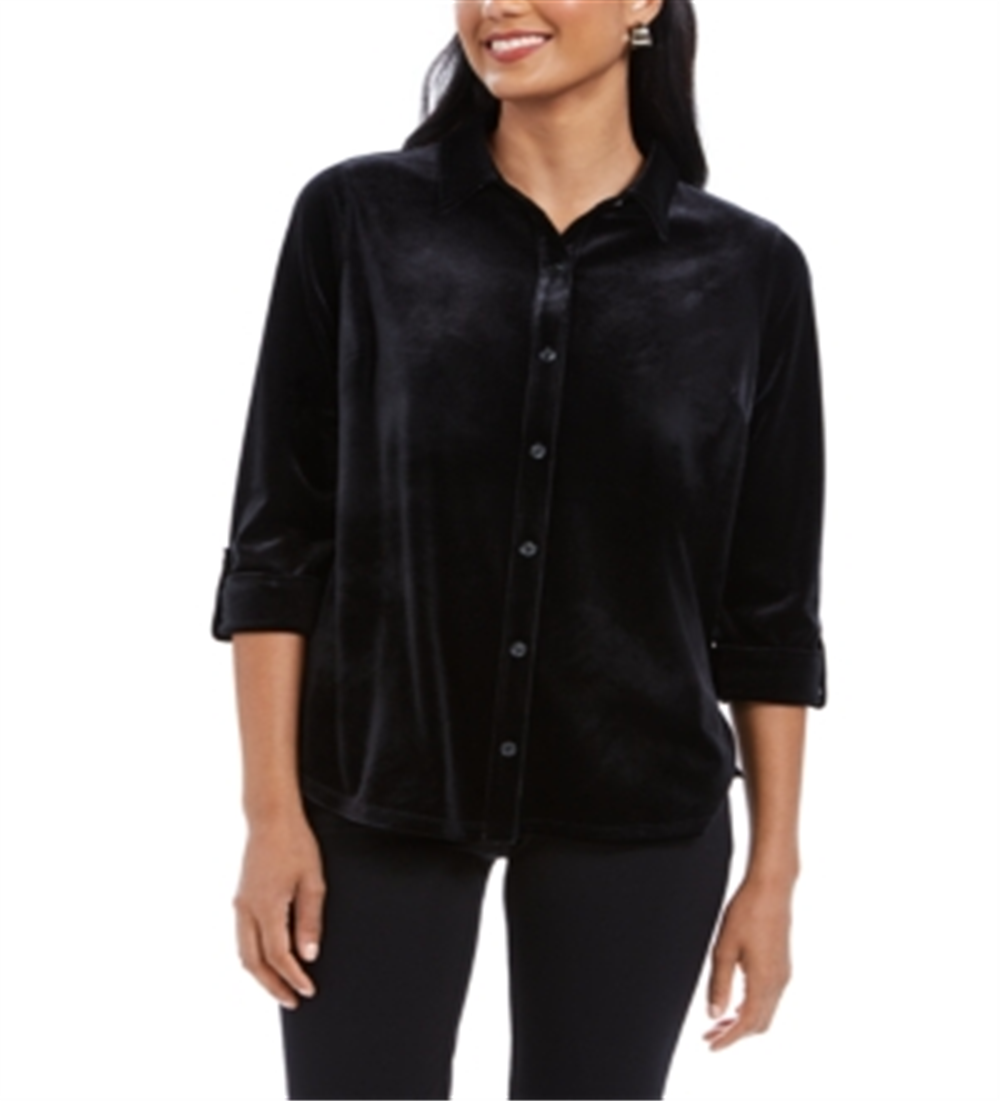Charter Club Women's Button Front Velvet Top Black Size Petite S/M