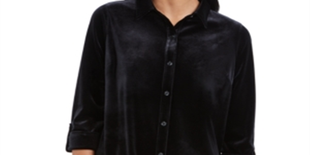 Charter Club Women's Button Front Velvet Top Black Size Petite S/M