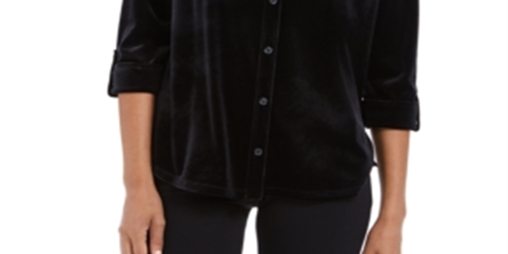 Charter Club Women's Button Front Velvet Top Black Size Petite S/M