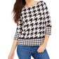 Charter Club Women's Houndstooth 3/4 Sleeve Jewel Neck Top Pink Size Petite Medium