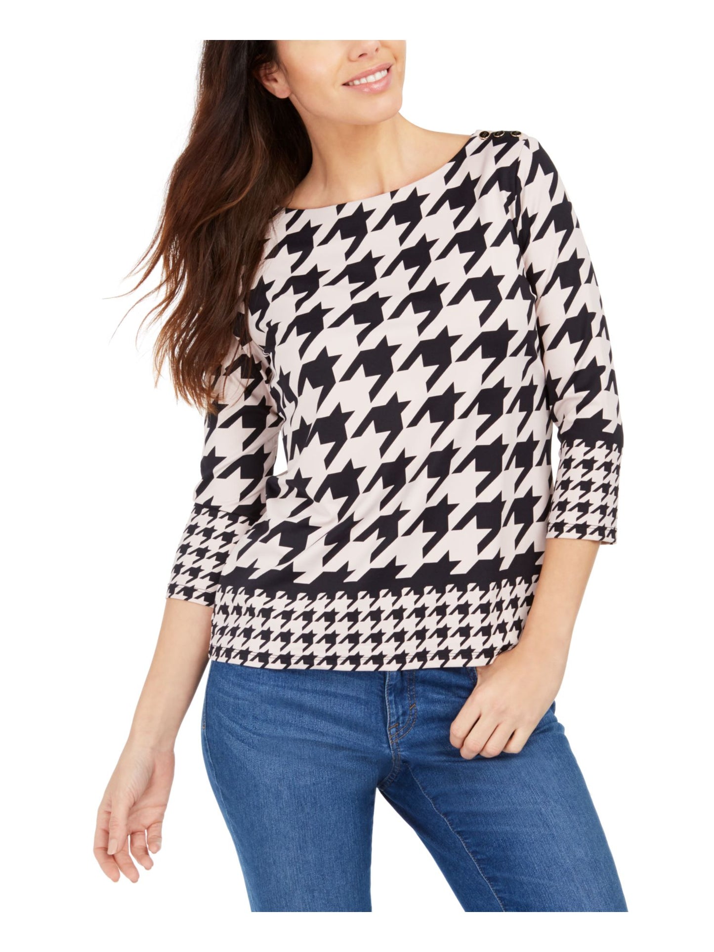 Charter Club Women's Houndstooth 3/4 Sleeve Jewel Neck Top Pink Size Petite Medium