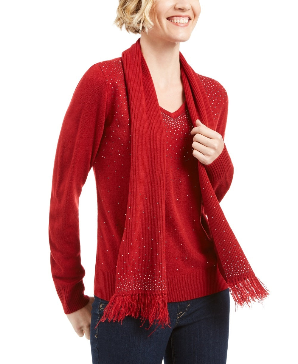 Karen Scott Women's Embellished Scarf Sweater  Medium Red Size XX-Large