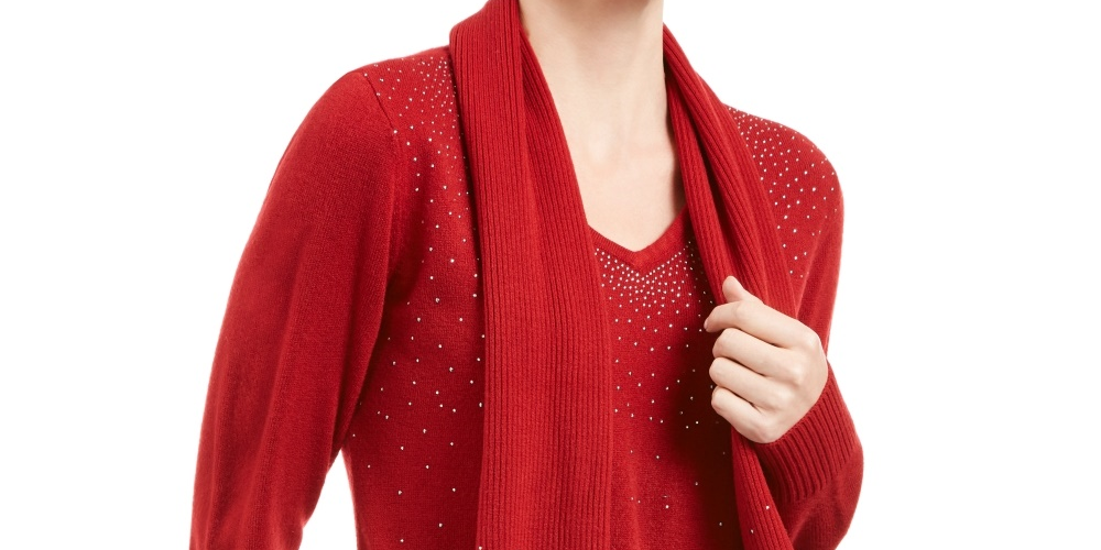 Karen Scott Women's Embellished Scarf Sweater  Medium Red Size XX-Large