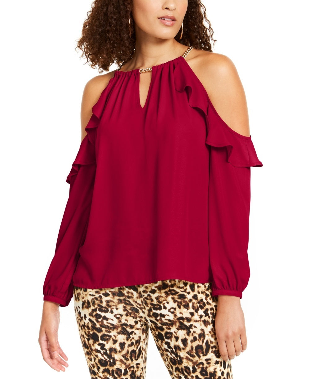 Thalia Sodi Women's Ruffled Cold-Shoulder Top   Red Size Large