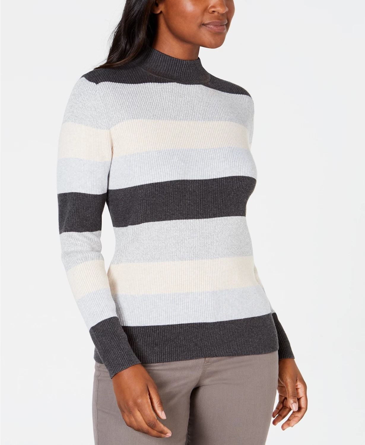 Karen Scott Women's Ribbed Mock-Neck Cotton Sweater Brown Size Large