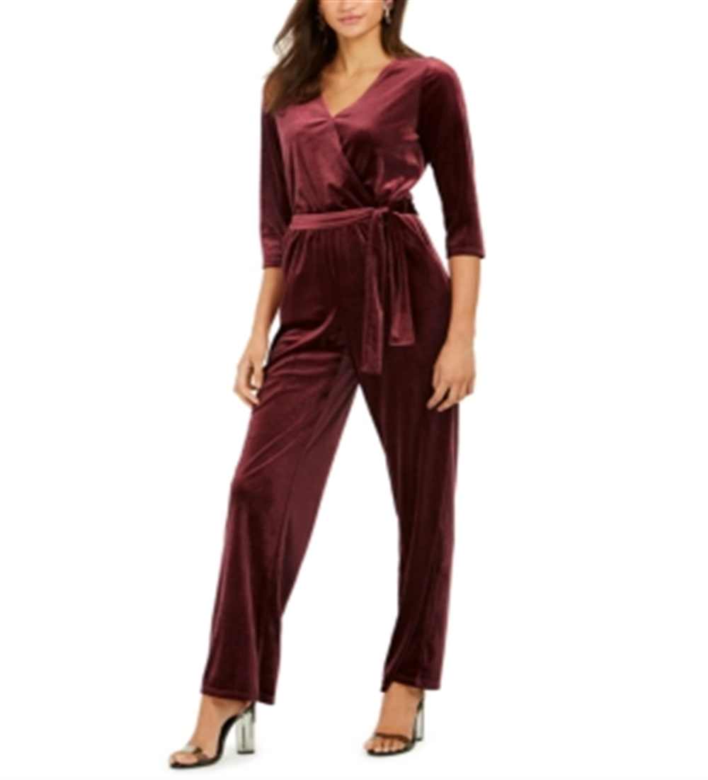 NY Collection Women's Belted Jumpsuit Wine Size -Petite XS
