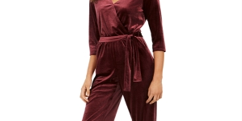 NY Collection Women's Belted Jumpsuit Wine Size -Petite XS