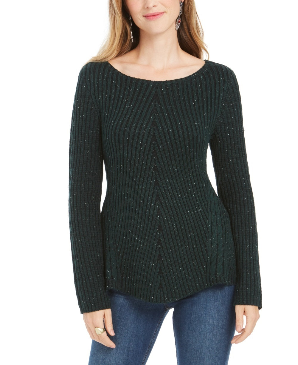 Style & Co Women's Scalloped Hem Ribbed Knit Sweater Green Size Small