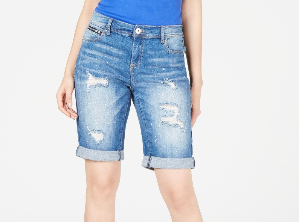 INC International Concepts Women's Curvy-Fit Ripped Bermuda Shorts Blue Size 12