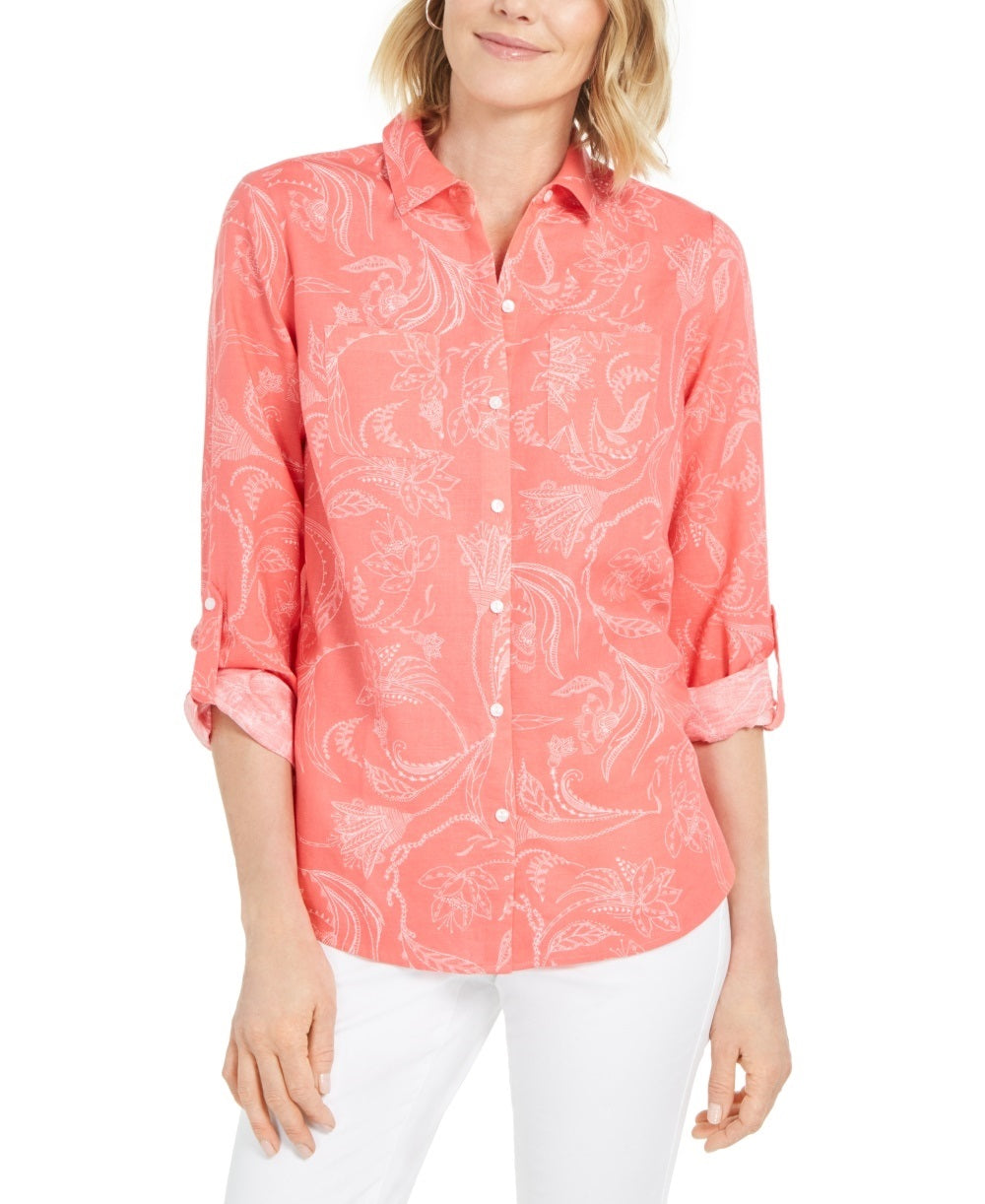Charter Club Women's Artful Paisleys Printed Linen-Blend Shirt Red Size Large