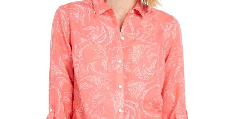 Charter Club Women's Artful Paisleys Printed Linen-Blend Shirt Red Size Large