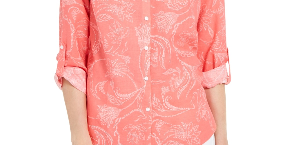 Charter Club Women's Artful Paisleys Printed Linen-Blend Shirt Red Size Large