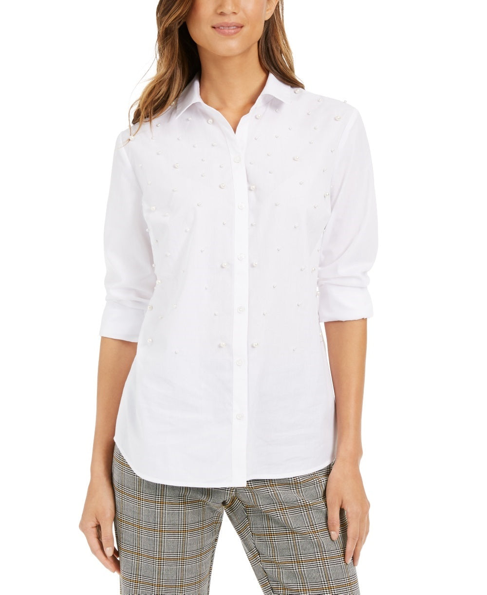 Charter Club Women's Faux-Pearl Shirt White Size XX-Large