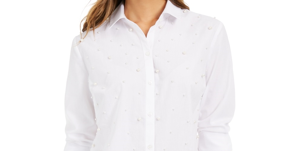 Charter Club Women's Faux-Pearl Shirt White Size XX-Large