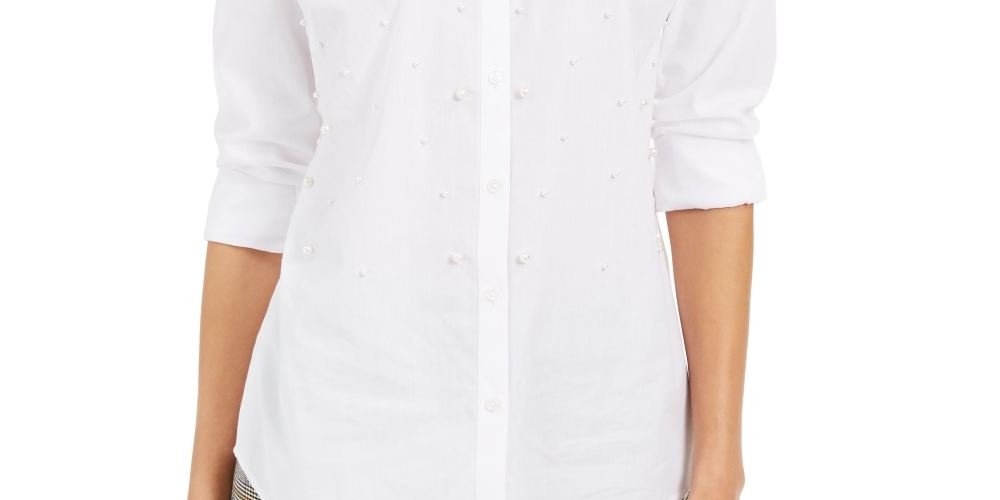 Charter Club Women's Faux-Pearl Shirt White Size XX-Large