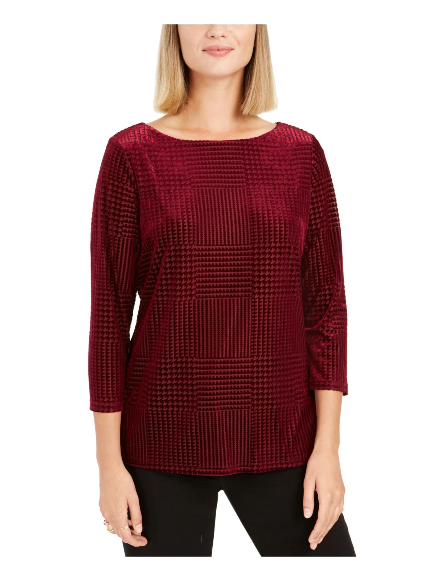 Charter Club Women's Printed 3/4 Sleeve Crew Neck Blouse Evening Top Wine Size Petite Small