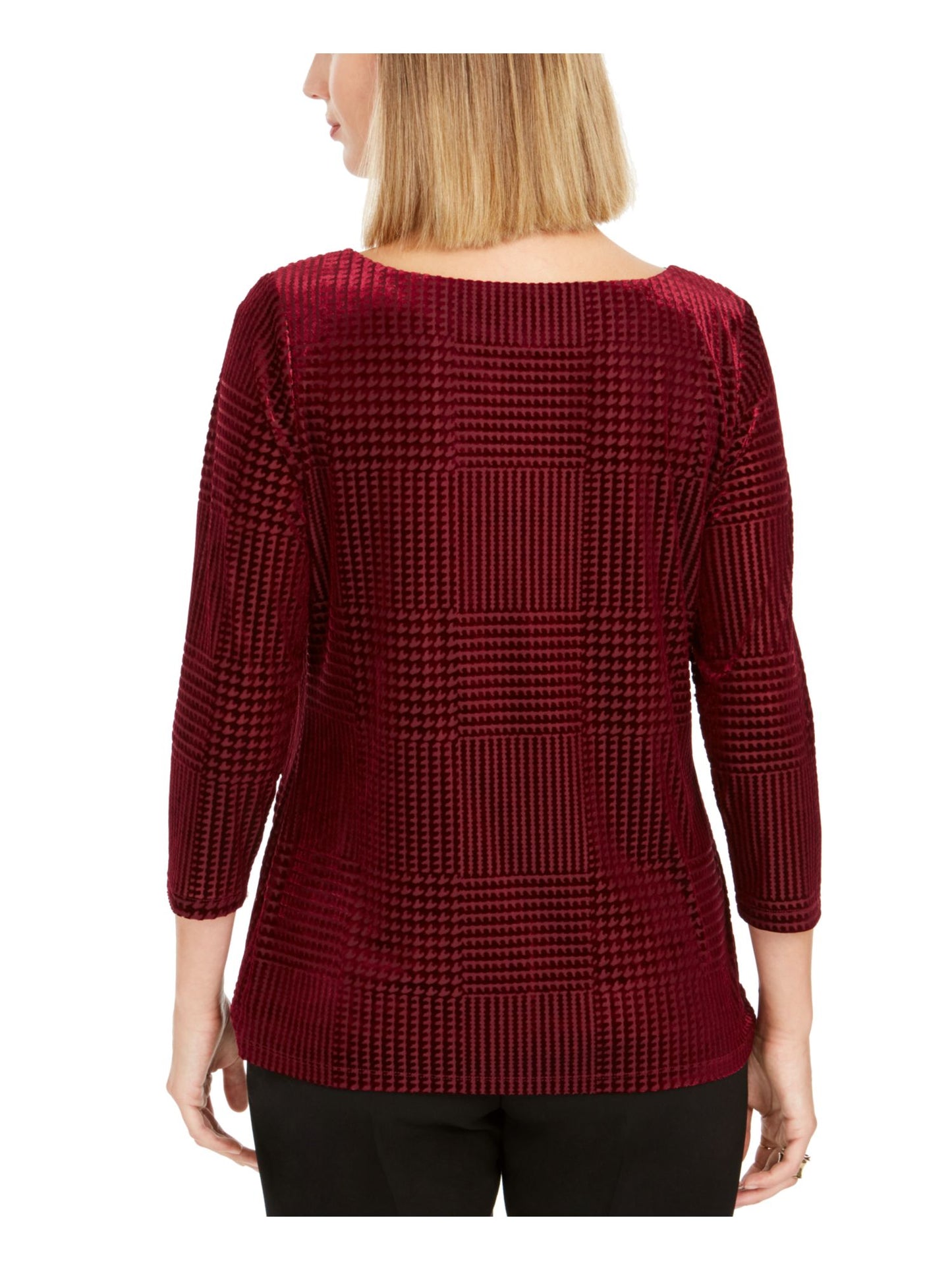 Charter Club Women's Printed 3/4 Sleeve Crew Neck Blouse Evening Top Wine Size Petite Small