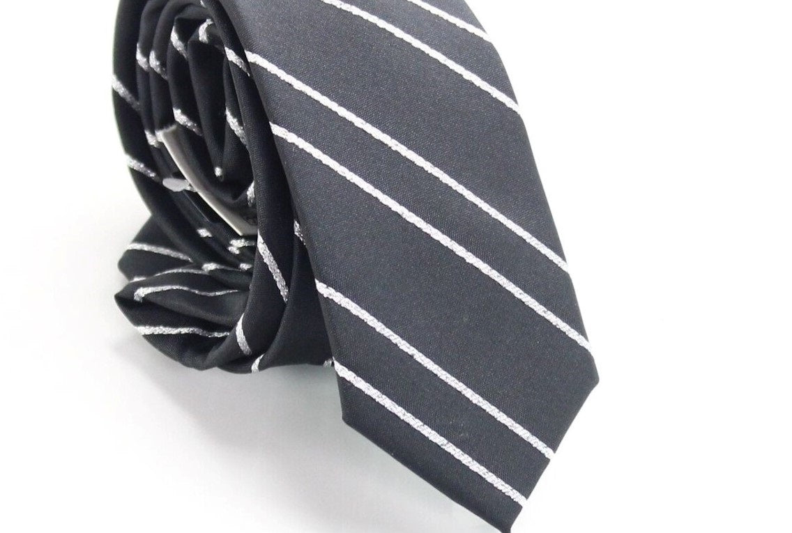 INC Men's Black Striped Skinny Neck Tie Gray Size Regular
